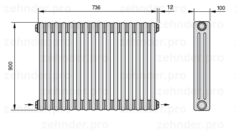 Схема (чертеж) Радиатор Zehnder Charleston 3090/16 №2670 Белый глянцевый RAL 9016